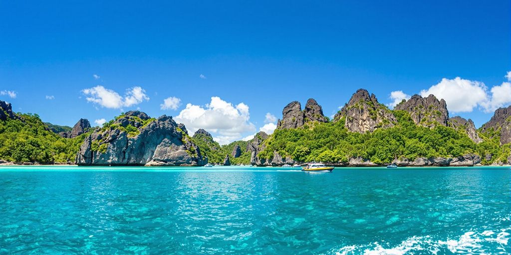 Boat on turquoise waters near green islands.