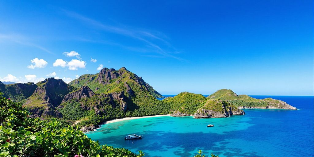 Scenic view of Komodo Island with lush greenery and boat.