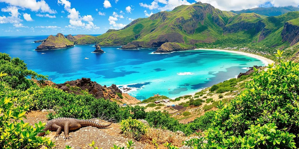 Lush Komodo Island landscape with turquoise waters and cliffs.