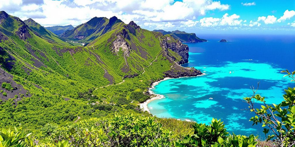 Scenic view of Komodo Island with lush hills and water.