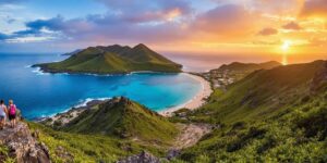 Vibrant sunset over Komodo Island with tourists exploring.