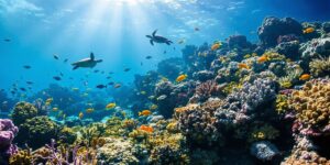 Underwater coral reef with colorful fish and sea turtles.