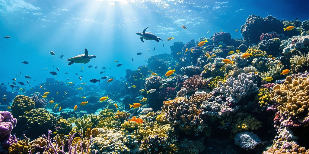 Underwater coral reef with colorful fish and sea turtles.