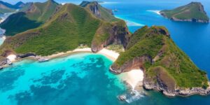 Aerial view of Komodo Island with clear waters and greenery.