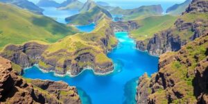 Scenic Komodo Island landscape with hills and blue waters.
